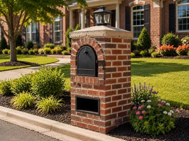 Brick mailbox with a classic design, stone cap, black mailbox insert, and landscaped curb enhancing the home's first impression and curb appeal.
