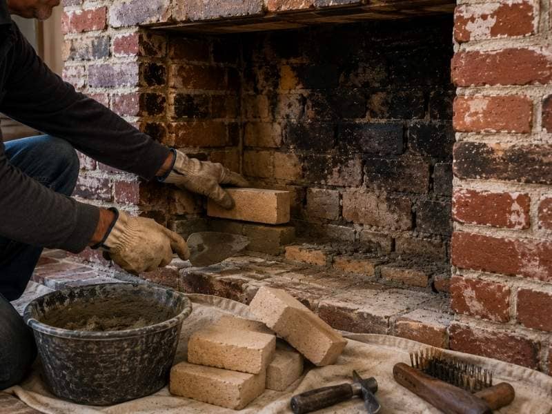 Fireplace repair on an older masonry fireplace with a mason replacing firebrick using heat-resistant mortar to preserve the original structure.
