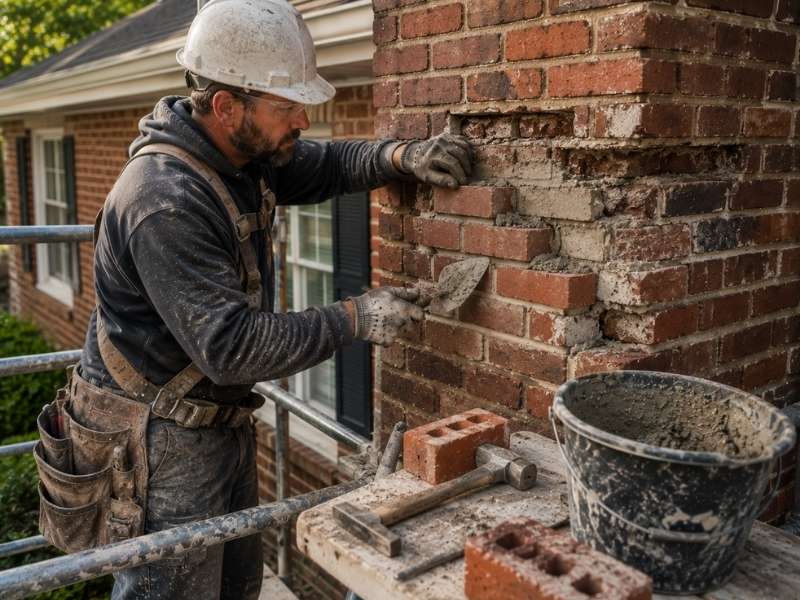 Brickmason repairing a damaged brick chimney on scaffolding using professional masonry techniques to solve complex masonry challenges.
