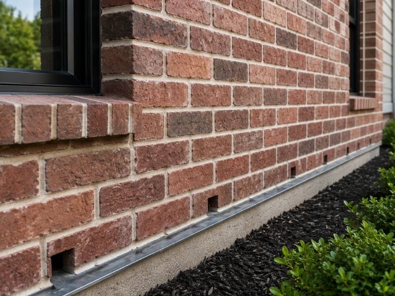 Close-up of a brick veneer wall with visible weep holes, flashing, and clean mortar joints on a residential home in Mckinney, TX.