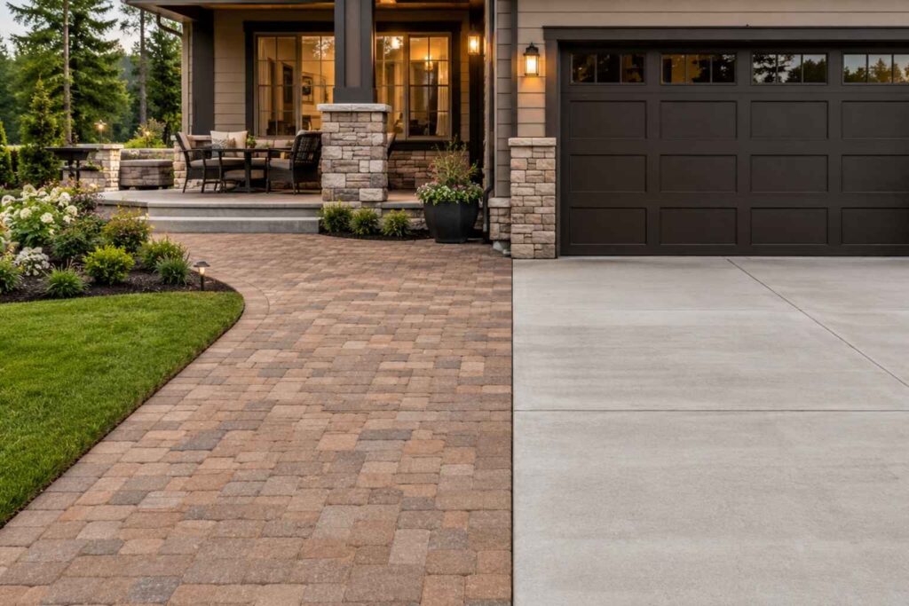 Side-by-side comparison of brick pavers and concrete driveway in a modern residential home showing different outdoor surface options in McKinney, Texas landscape setting.
