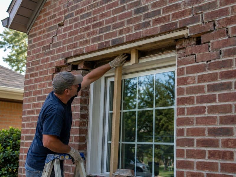 Brick repair around a window with a lintel inspection in McKinney Texas
