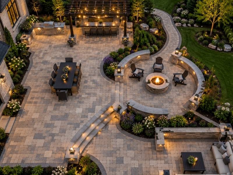 Aerial view of a natural stone paver patio with outdoor dining, fire pit, seating walls, and landscaped backyard in McKinney, TX.