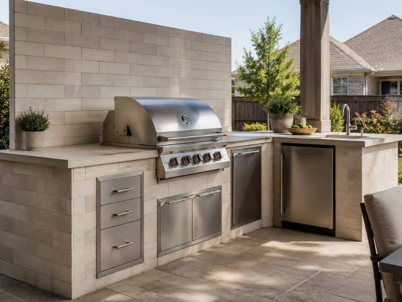 Outdoor built-in kitchen on a sunny patio featuring a stainless steel gas grill, drawers, a under-counter fridge, and a sink along beige stone counters and tile backdrop.