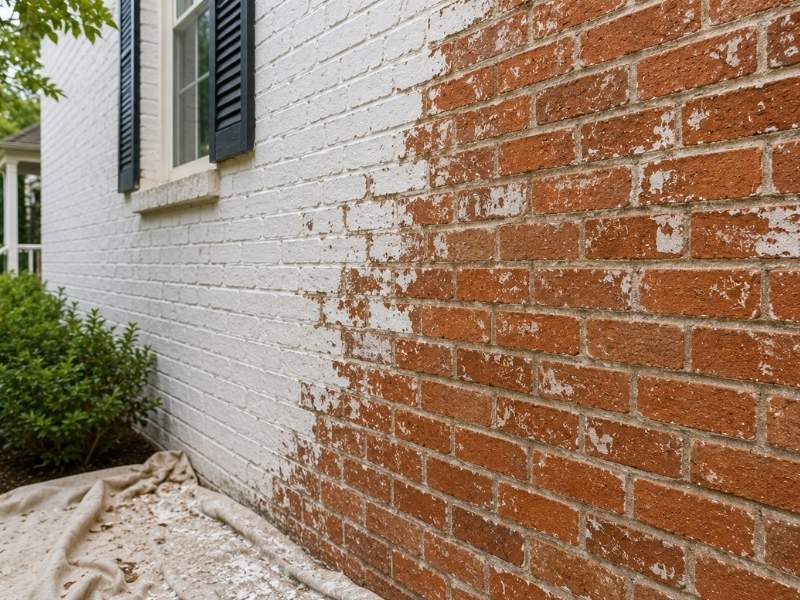 Partially restored painted brick exterior showing white paint being removed to reveal the original red brick on a home in McKinney, TX.