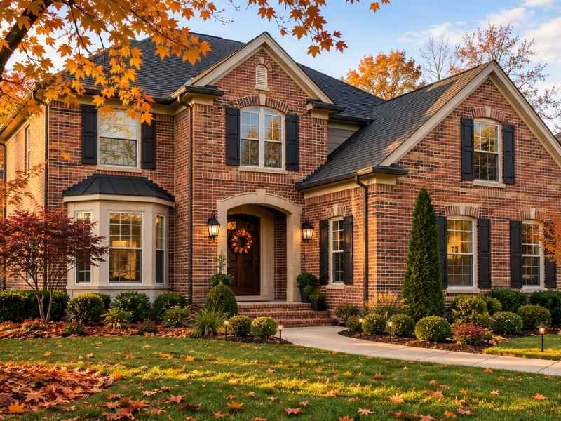 Brick masonry exterior on a well-maintained home showing lasting color, clean mortar joints, and timeless curb appeal through changing seasons.
