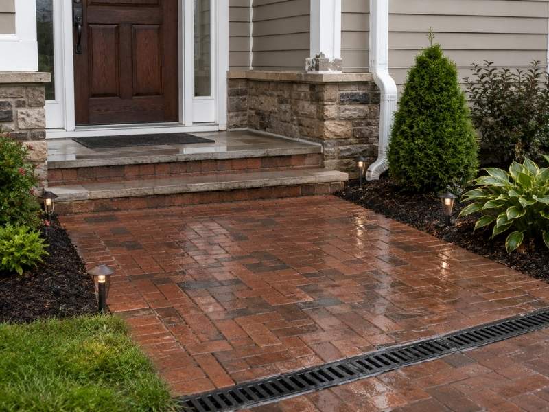 Brick pavers near entry doors with proper threshold clearance and a channel drain directing rainwater away from the entrance
