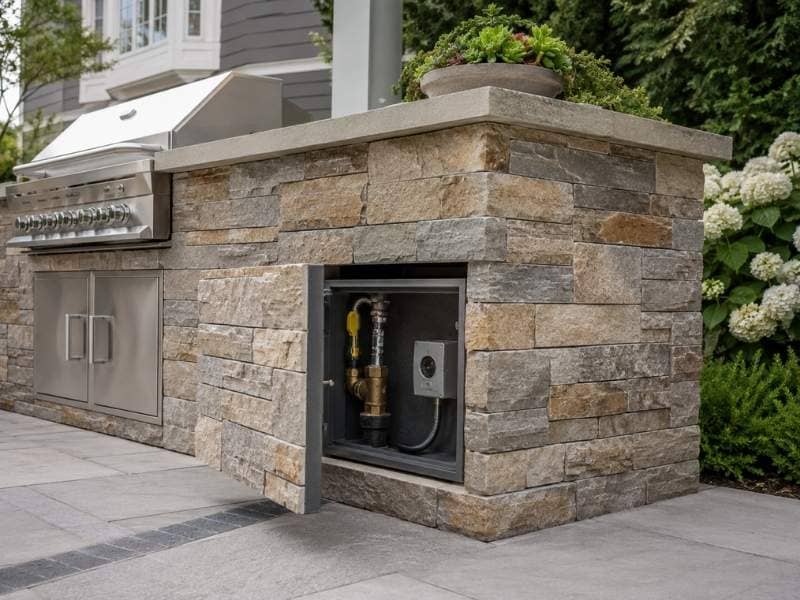 Stone mason in McKinney, TX blending utility access into an outdoor feature with a stone-faced panel covering reachable gas and electrical connections.
