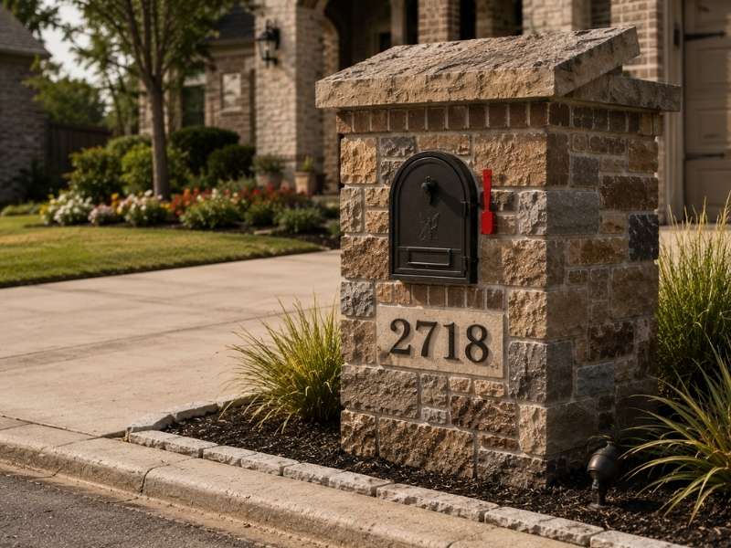 Masonry mailbox openings with clear door space, visible address numbers, lighting, and convenient curbside delivery access
