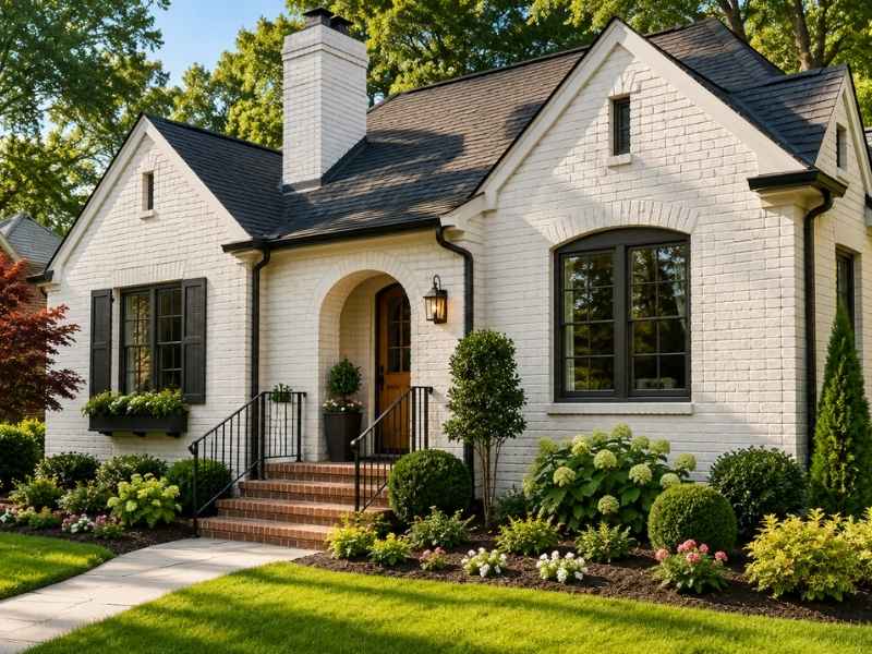 Painted brick ideas featuring a timeless white brick exterior with coordinated trim and landscaping to enhance long-lasting curb appeal.

