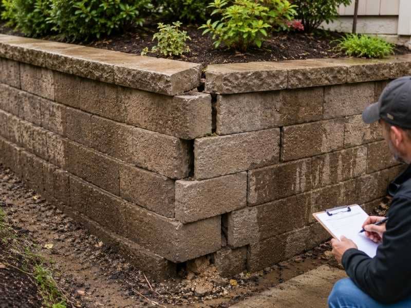 Retaining wall corner movement in McKinney, TX showing separated blocks, shifted capstones, moisture staining, soil erosion, and a professional structural inspection.
