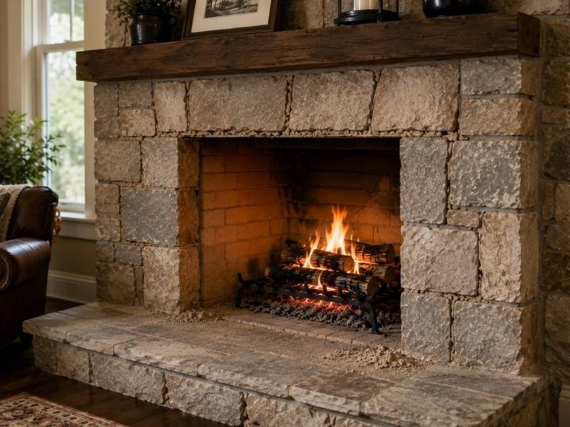 Stone fireplace joints showing mild mortar wear and sandy debris near a heated firebox