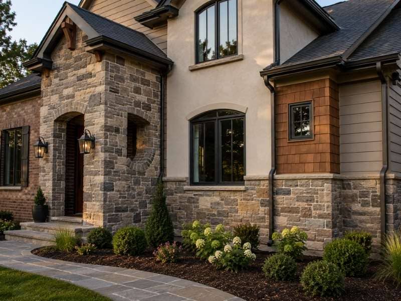 Stone masonry exterior combined with brick, stucco, wood, and siding on a custom home for long-lasting durability and timeless curb appeal.
