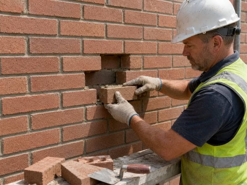 Brick mason rebuilding a damaged brick wall section instead of repointing after identifying loose bricks, deep mortar failure, and wall movement in McKinney, TX.
