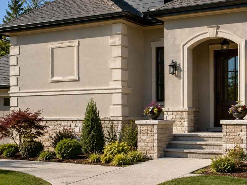 Decorative masonry in McKinney Texas featuring bands, quoins, entry trim, wall caps, and recessed panels that add exterior style.