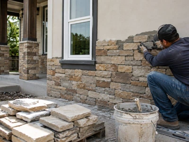 Mason installing stone veneer on a home exterior during a renovation project in McKinney, Texas.