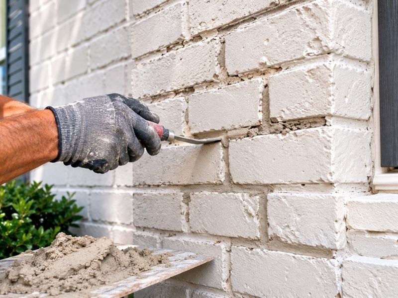 Worker repairing damaged mortar joints on a painted brick wall before recoating in McKinney, TX.