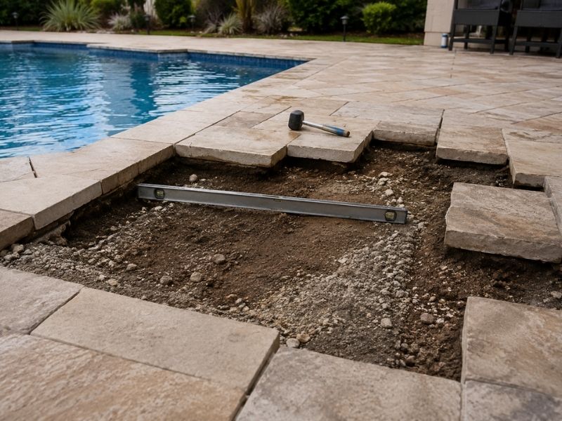 Stone Patio Leveling Beside Pool McKinney TX - McKinney Brick & Stone Stone patio leveling beside a pool with base preparation and drainage repair in McKinney, TX.