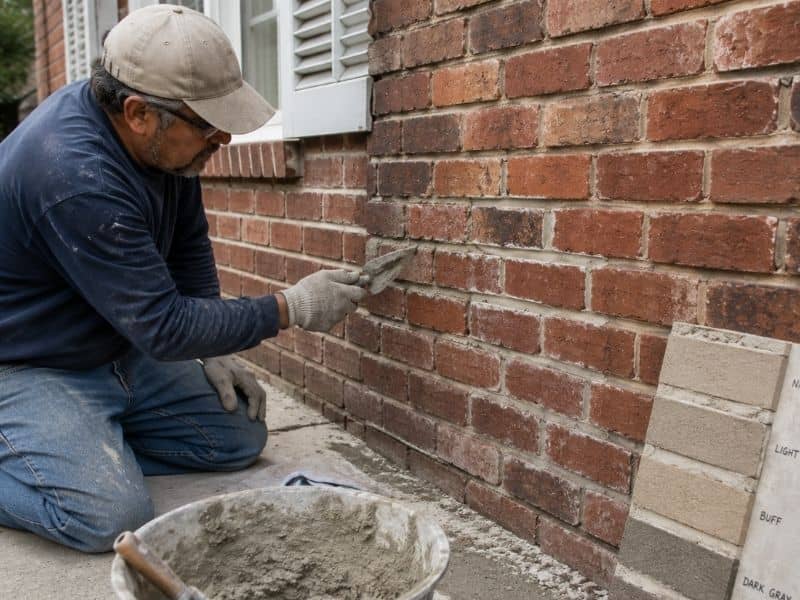 Texas Mortar Repair - McKinney Brick & Stone Mason applying mortar during brick wall repair in Texas, comparing mortar color and texture for a consistent finish.