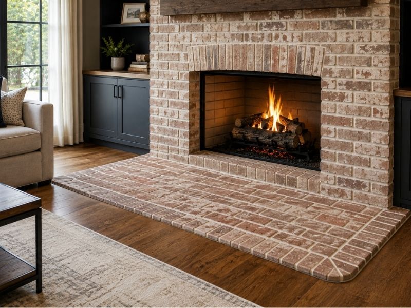 Modern brick hearth extension designed for fireplace safety and smooth floor transitions in McKinney, TX.