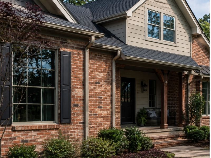 Exterior renovation of an existing brick home in McKinney, TX, featuring complementary siding, trim, roofing, and wood accents.